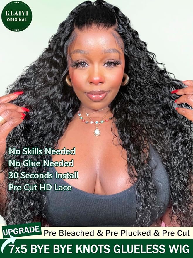 KLAIYI Bye Bye Knots Glueless Wig Pre Cut Water Wave HD Lace Front Wigs Human Hair Pre Bleached Pre Plucked Ready to Go Wigs for Women 30S Easy to Wear Put On and Go Curly Wig Beginner Friendly 18Inch