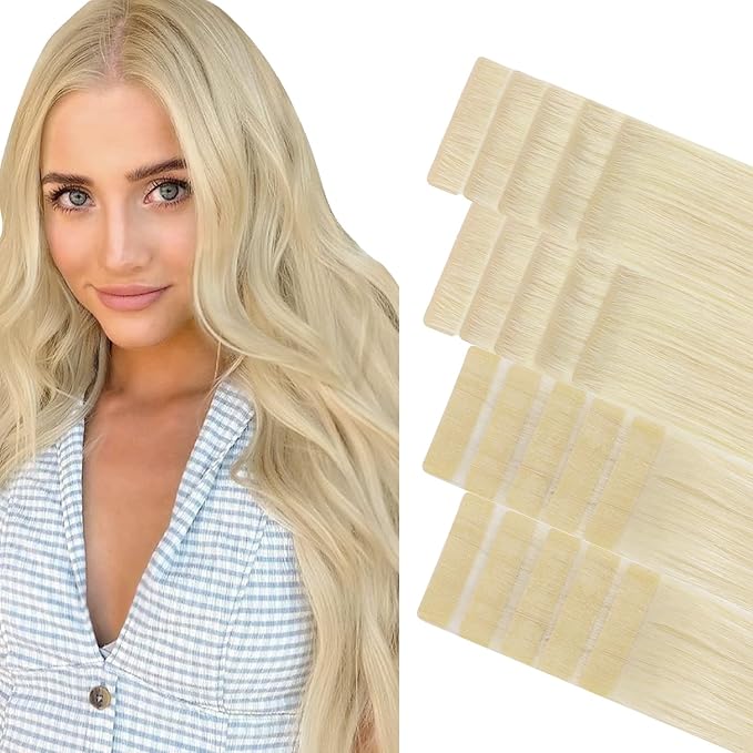 GOO GOO Invisi Edge Tape in Hair Extensions Human Hair, 60A Platinum Blonde 10pcs injected with 10pcs classical tape ins, 18inch 50g, Virgin Remy Hair, Natural Look
