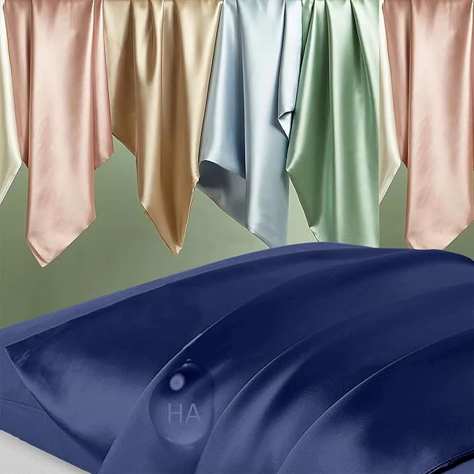 Silk Pillow Cases 2 Pack, Mulberry Silk Pillowcases Standard Set of 2, Smooth, Anti Acne, Beauty Sleep, Both Sides Natural Silk Satin Pillow Cases for Women 2 Pack with Zipper for Gift, Navy Blue
