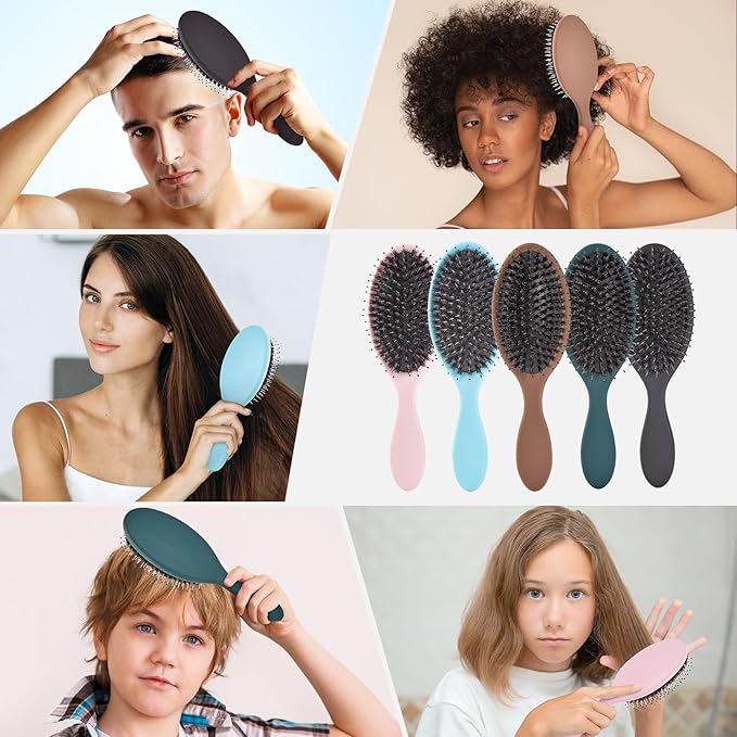 Boar Bristles Hair Brush for Women and Men, Detangling Hair Brush for Smoothing Massage Add Shine, Nylon&Boar Bristles Detangler brush for Hair Healthy (1 Pack-Black)