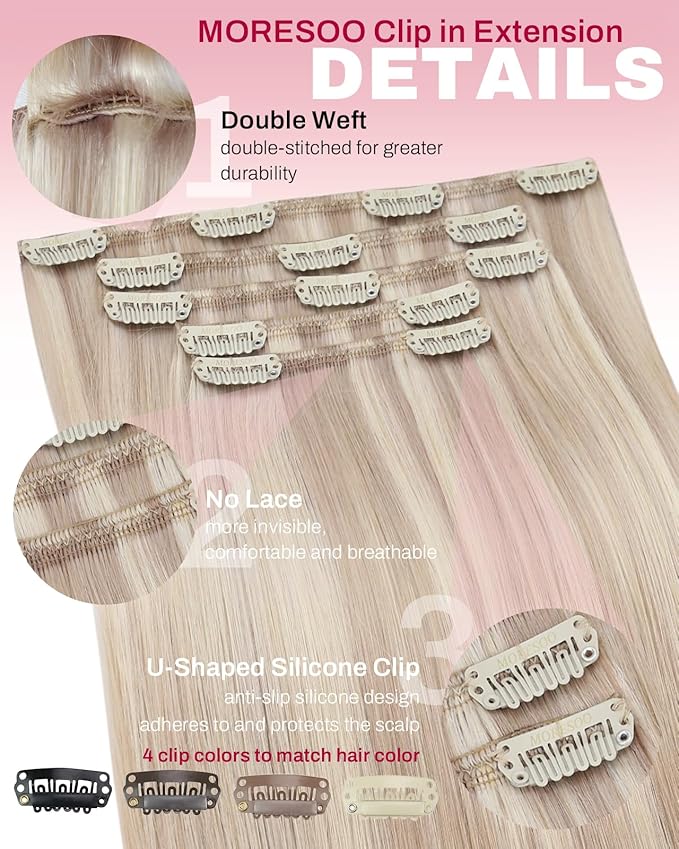 Moresoo Ash Blonde Clip in Hair Extensions Highlighted Straight Short Hair Clip in Extensions Real Human Hair for Women Short 80g/5pcs 12 inch