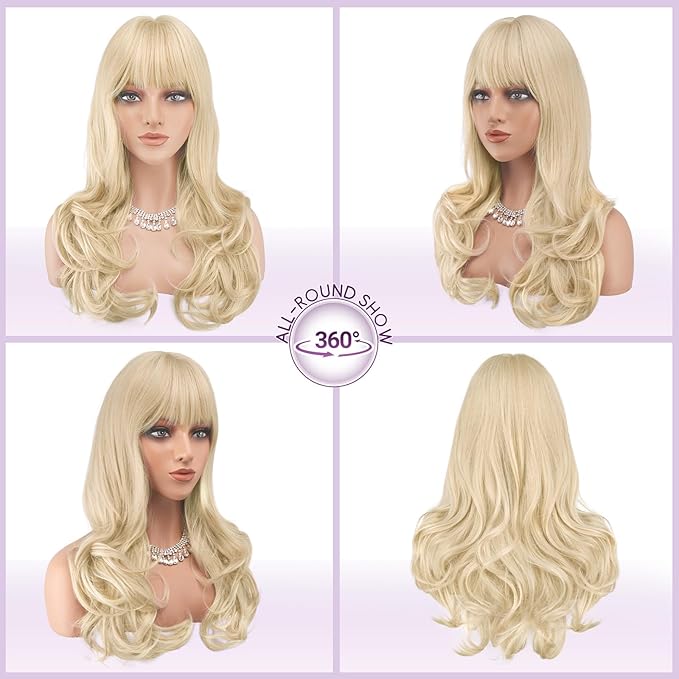 Haloo Blonde Wigs with Bangs Long Wavy Layered Haircut Natural Looking Fluffy Synthetic Heat Resistant Hair Wig for Women Daily Party, 24 Inch