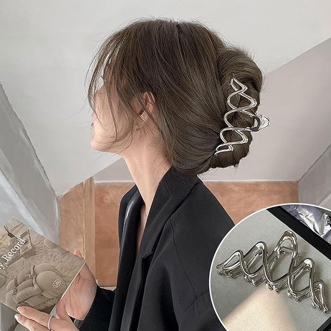 Silver Metal Wavy Hair Clip, 1Pcs 4.52Inch Wave Hair Clip for Thick Hair, Non-Slip Strong Hold Grip Hair Jaw Clip, Ideal for All Occasions