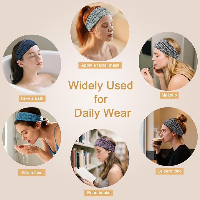 6 Pack Wide Headbands for Women - No Slip Hair Bands for Sports Yoga Workout Running Daily Use, Soft Stretchy Elastic Sweat Wicking Head Wraps Hair Accessories