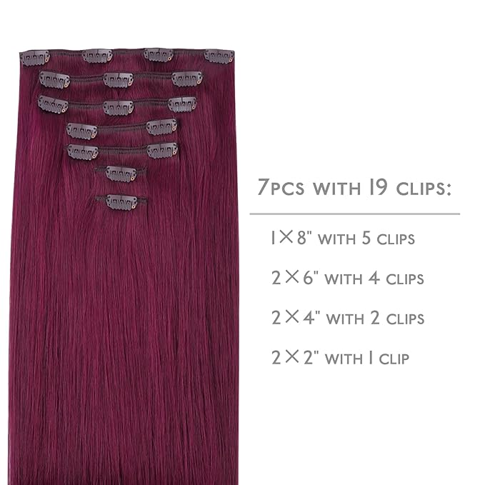 WENNALIFE Clip in Hair Extensions Real Human Hair, 16 Inch 120g 7pcs Human Hair Extensions Clip In Human Hair, Light Burgundy Hair Extensions Clip In Real Hair Coloured Remy Human Hair Extensions