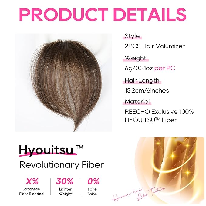 REECHO Clip in Hair Volumizer, 2PCS 6 inch Short Thick Clip in Hairpieces Adding Extra Volume Hair Extensions for Women (Medium Brown with Highlights)