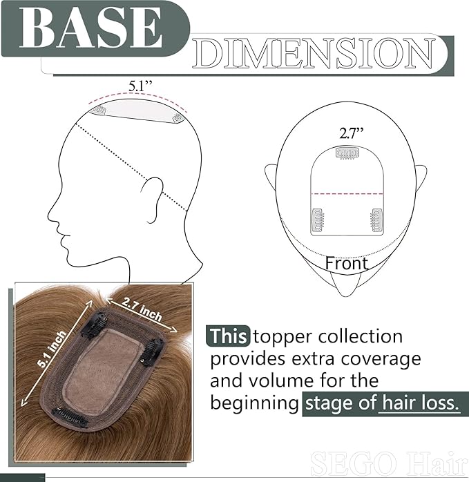 SEGO Hair Toppers for Women Real Human Hair for Thinning Hair, Clip In Topper with Front Bangs, Straight, 150% Density, Silk Base, 8 Inches,#6 Light Brown