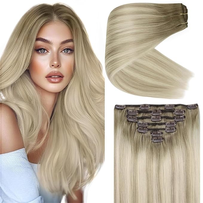 Ve Sunny Hair Extensions Clip in Real Human Hair Ombre Ash Grey Balayage Platinum Blonde Double Weft Remy Straight Human Hair Extensions Clip ins for Women 7pcs 120g 22 inch