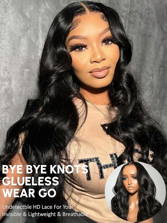 KLAIYI Body Wave Bye Bye Knots Glueless Wig 7x5 Pre Cut Lace Front Wigs Human Hair Wear and Go Wigs for Beginners Pre Bleached Pre Plucked Pre Everything 3S Easy to Ready to Wear Loose Wave Wig 16Inch