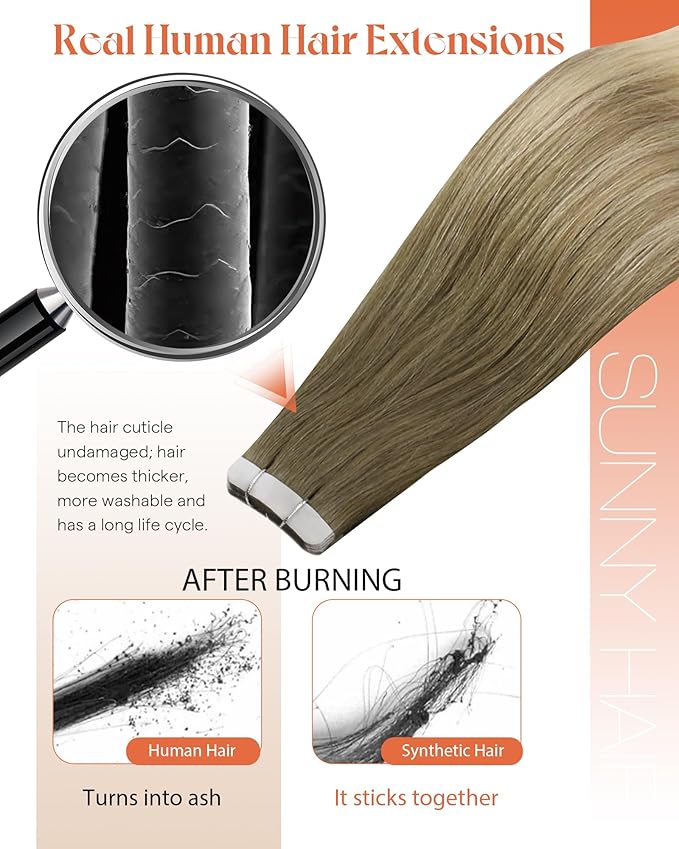 Sunny Hair Tape in Hair Extensions Real Human Hair Invisible Remy Hair Extensions Tape ins for Women Light Brown Root to Platinum Blonde Balayage 22 inch 20Pcs 50G