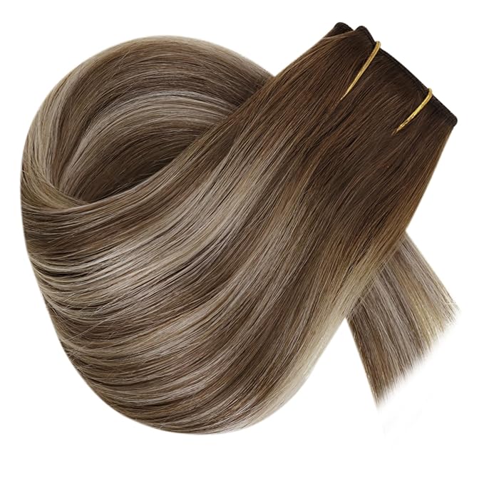 RUNATURE Brown Ombre Blonde Wire Hair Extensions Real Human Hair, Invisible Wire Hair Extensions Remy Straight Hair，One Piece 14 Inch 70g #3/8/22 Walnut Brown to Light Brown with Light Blonde