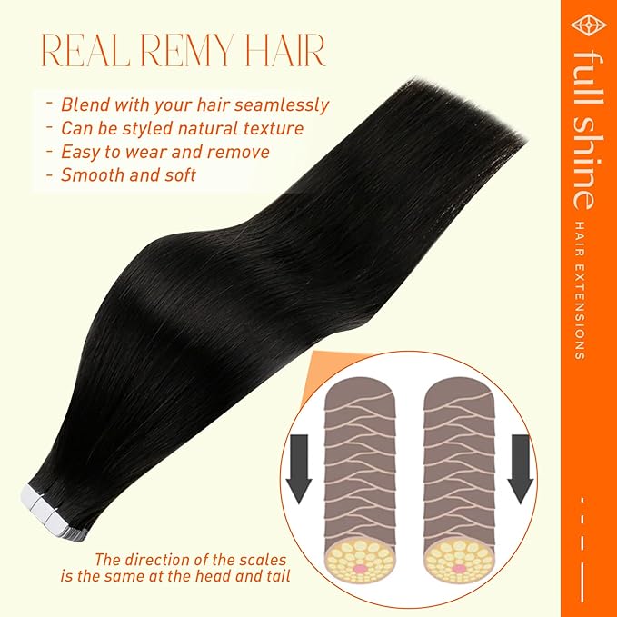 Full Shine Tape in Hair Extensions 14 Inch Double Sided Tape In Hair Extensions Real Human Hair Color 1B Black Seamless Tape in Extensions 50Gram Soft Remy Add Volume 20 Pcs for Party Wedding