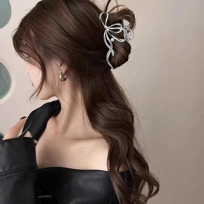 Metal Bow Hair Clips Bow Hair Claw Clips with Pearl Large Bowknot Claw Clip Strong Hold Nonslip Hair Jaw Clip for Thin Thick Hair Stylish Hair Accessories for Women Silver