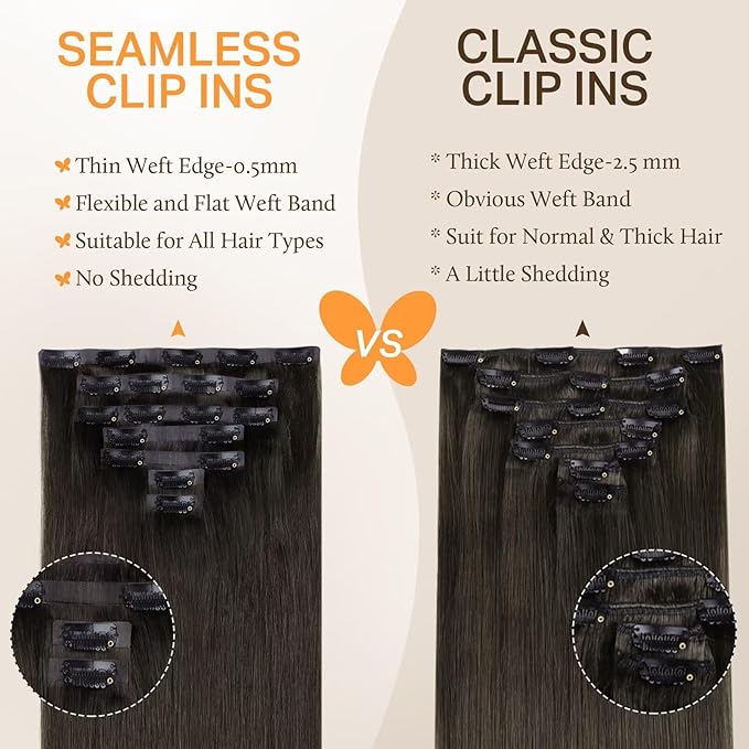 DOORES Seamless Clip-in Human Hair Extensions, Mocha Brown 20 Inch 7pcs 110g, Straight Hair with Invisi Edge, Skin Weft