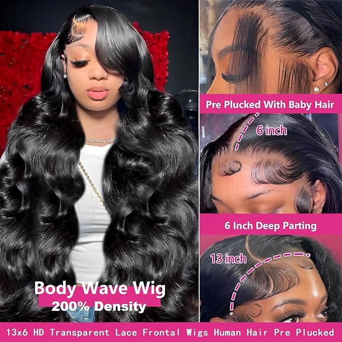 22 Inch 13x6 Lace Front Wigs Human Hair 200 Density Body Wave HD Lace Front Wigs Human Hair Pre Plucked Natural Color Glueless Wig 100% Virgin Human Hair Lace Front Wigs for Women