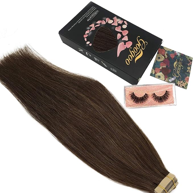 GOO GOO Tape in Hair Extensions Human Hair, 4A Chocolate Brown, 22inch 50g 20pcs, Skin Weft Seamless Invisible, Silky Straight with Thick Ends, Remy Human Hair