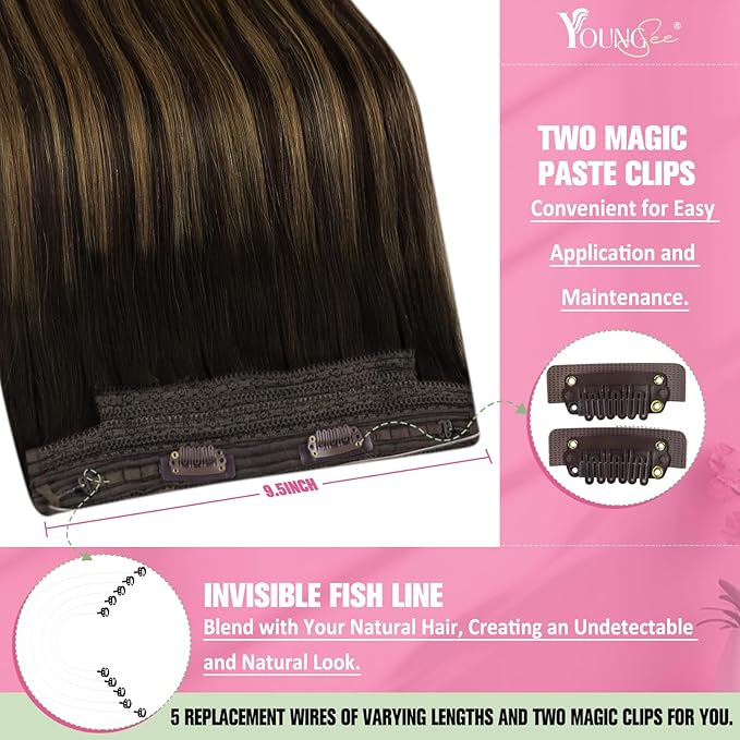 YoungSee 120G Wire Hair Extensions Human Hair Brown Balayage Invisible Wire Hair Extensions Darkest Brown Ombre Medium Brown Fish Line Hair Extension for Women 16Inch