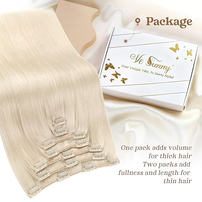 Ve Sunny Clip in Human Hair Extensions Platinum Blonde Clip in Hair Extensions Real Human Hair Clip on Extensions Human Hair Daily Use 120g 7pcs 16inch