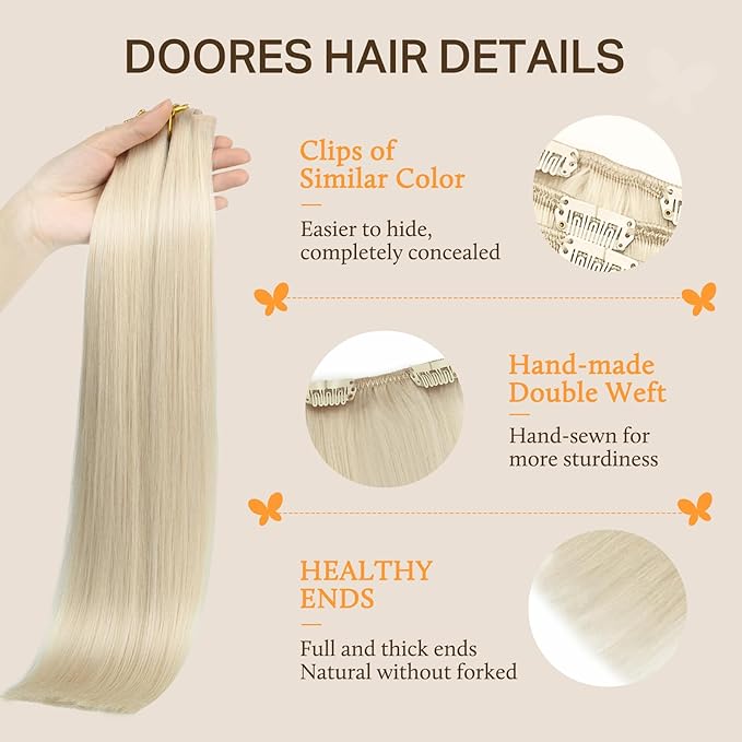 DOORES Clip in Human Hair Extensions, 70g 5pcs 20 Inch Platinum Blonde, Hair Extensions Real Human Hair Clip in Extensions Long Straight Hair for Women