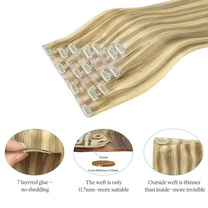 DOORES Hair Extensions Seamless Clip in Real Human Hair, Light Blonde Highlighted Golden Blonde 24 Inch 120g 7pcs, Human Hair Extensions Skin Weft Remy Straight Hair Invisi Edge Hair Extensions
