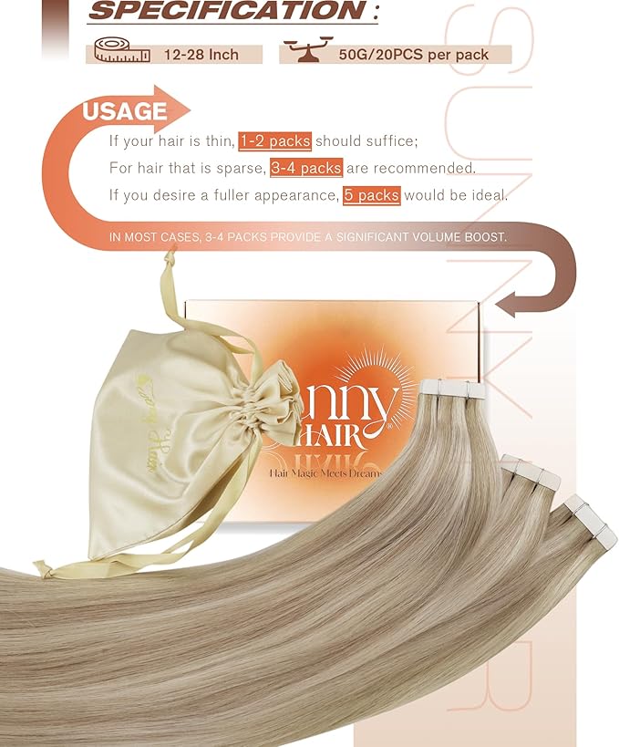 Sunny Hair Blonde Tape in Hair Extensions Human Hair Ash Blonde Highlight Bleach Blonde Hair Extensions Tape in 14 Inch Remy Tape in Txtensions for Women Wedding 20Pcs 50g