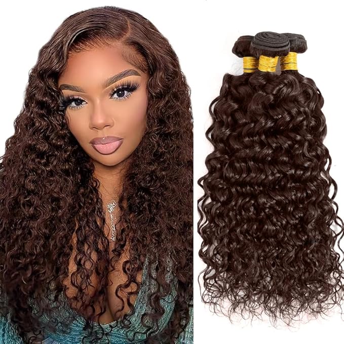Chocolate Brown Bundles Human Hair Color 4 Water Wave Bundle Niegmeag Virgin Remy Hair 3 Bundles 24 26 28 Inch Double Weft Brown Wet and Wavy Bundle 150g