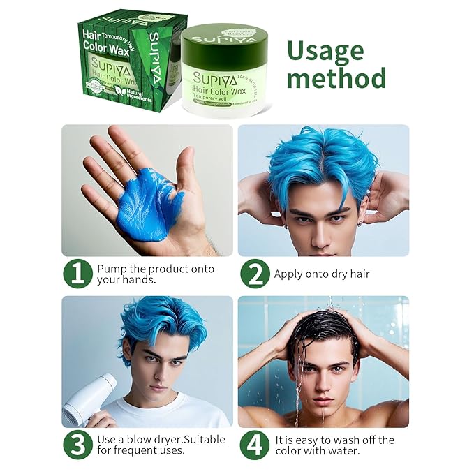Temporary Hair Color Wax for Men - SUPIYA Washable Dark Green Hair Wax Color, All-Day Hold Disposable Hair Dye for Christmas, Cosplay & Daily (Emerald Color #25)