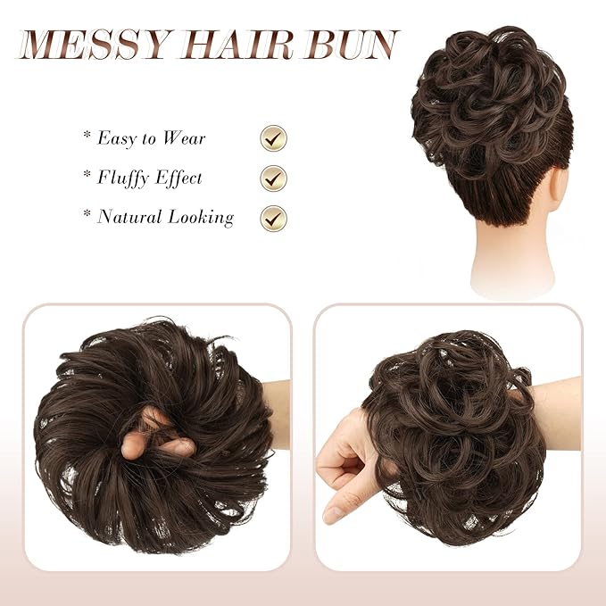 FESHFEN Messy Bun Hair Piece - Large Elastic Wavy Curly Hair Bun Scrunchies Ponytail Extensions Synthetic Chignon Hairpieces for Women, Medium Chestnut Brown 1.94oz