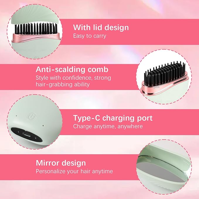 Mini Straightener, Cordless Rechargeable Portable Straightening Comb, Portable Rapid-Heat with 3 Temp Settings, Heat-Resistant Shell for Travel(Pink)
