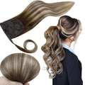 RUNATURE Human Hair Ponytail Balayage, Ponytail Extension Real Human Hair, Clip in Ponytail Hair Extensions Straight, Remy Natural Hair, Daily Wearing 16 Inch 80g #3/8/22 Walnut Brown to Light Blonde