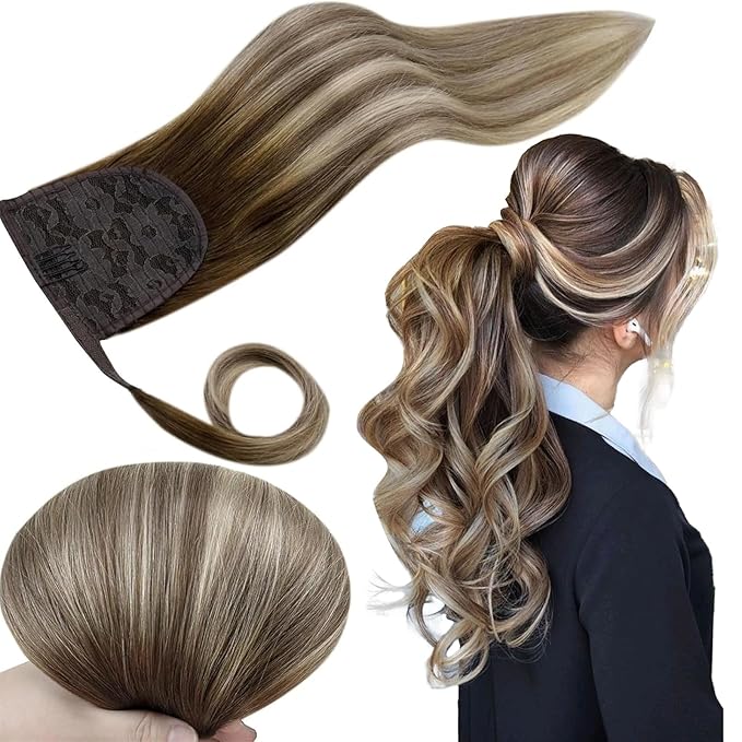 RUNATURE Straight Ponytail Extension Human Hair Balayage Walnut Brown to Ash Brown with Bleach Blonde Short Ponytail Human Hair Extensions 14 Inch 70g Full Ends Thick Pony Tails Hair Extensions Soft