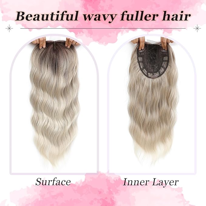 Hair Topper, 360° 3D Hair Toppers for Women with Thinning Crown, 20 Inch Long Wavy Curly Hair Pieces Clip in Bangs (Ash Blonde Mix Highlights with Brown Root, 20 inch, Side Bangs)
