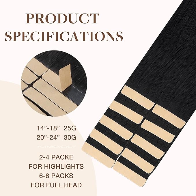 GOO GOO Tape in Hair Extensions Human Hair, 1 Jet black, 14inch 25g 10pcs, Skin Weft Seamless Invisible, Silky Straight with Thick Ends, Remy Human Hair