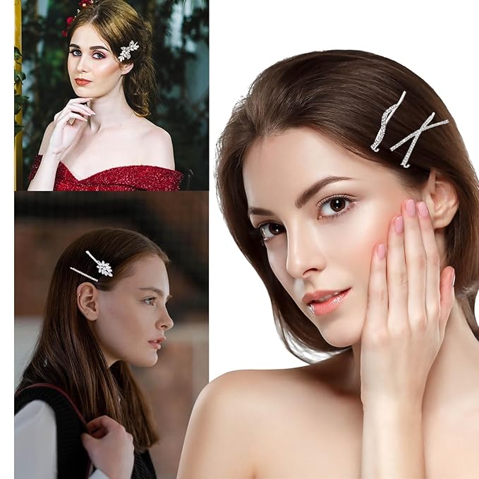 6 Pieces Delicate Bridal Hair Clips, Rhinestone Leaf Wedding Hair Pins, Crystal Bobby Pins, Silver Elegant Hairpins Jewelry Accessories Barrette for Brides Bridesmaids Flower Girls