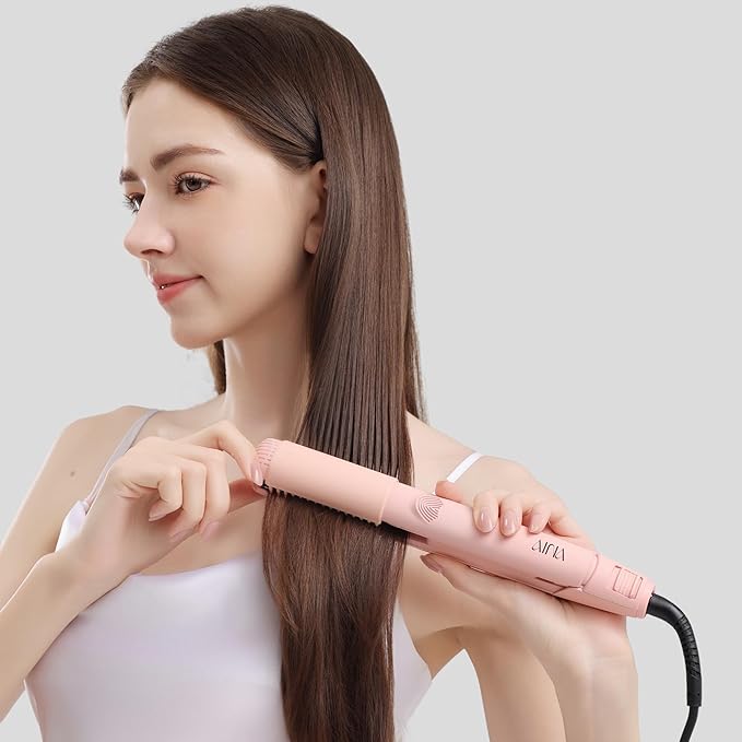 AINA Hair Straightener Comb, Flat Iron with Comb | Titanium Iron 450F | Dual Voltage Hair Straightening | Curling 2 in1 | Resolve Tangled | frizz Free (Babe Pink)
