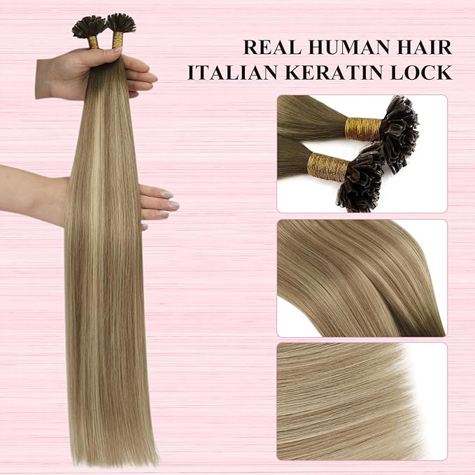 YoungSee U Tip Hair Extensions Balayage Keratin Tip Hair Extensions Balayage 24 Inch Long Utip Hair Extension Dark Brown Ombre Brown with Blonde U-Tips Hair Extension Real Human Hair 50s/50g