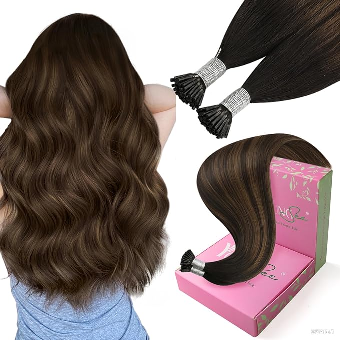 YoungSee Itip Hair Extension Real Human Hair Brown I Tip Extensions Dark Brown Balayage Brown Itip Hair Extension Real Human Hair 14 Inch Ombre Itips Extension Short Hair 50g 80s for Adding Volume