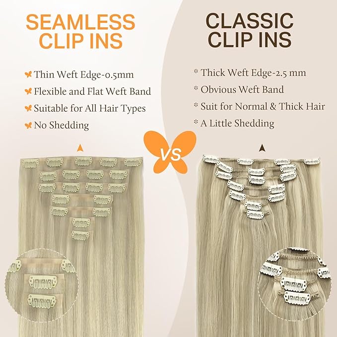 DOORES Clip in Hair Extensions Real Human Hair, Ash Blonde Highlighted Platinum Blonde 130g 9pcs 14 Inch Clip in Virgin Hair Extensions Invisible Edge, Hair Extensions Real Human Hair