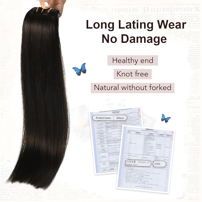 XDhair Clip in Hair Extensions Real Human Hair 20 Inch 120g Natural Straight Human Hair Clip in Extensions for Woman, Soft Straight 6pcs Per Set with 18 Clips Double Weft #1B