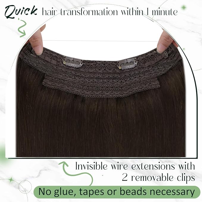 RUNATURE Short Wire Hair Extensions Real Human Hair 12 Inch 70g Invisible Wire Hair Extensions Dark Brown Remy Soft Hair Add Thickness #2 Dark Brown