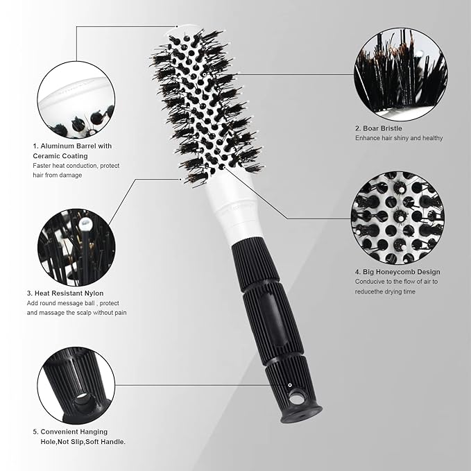 Round Brush for Blow Drying, 1 inch Small Round Barrel Hair Brushes with Ball Tip Boar Bristles, Nano Tech Thermal Ceramic Ionic, Double Edge Razor Comb for Hair Cutting Included