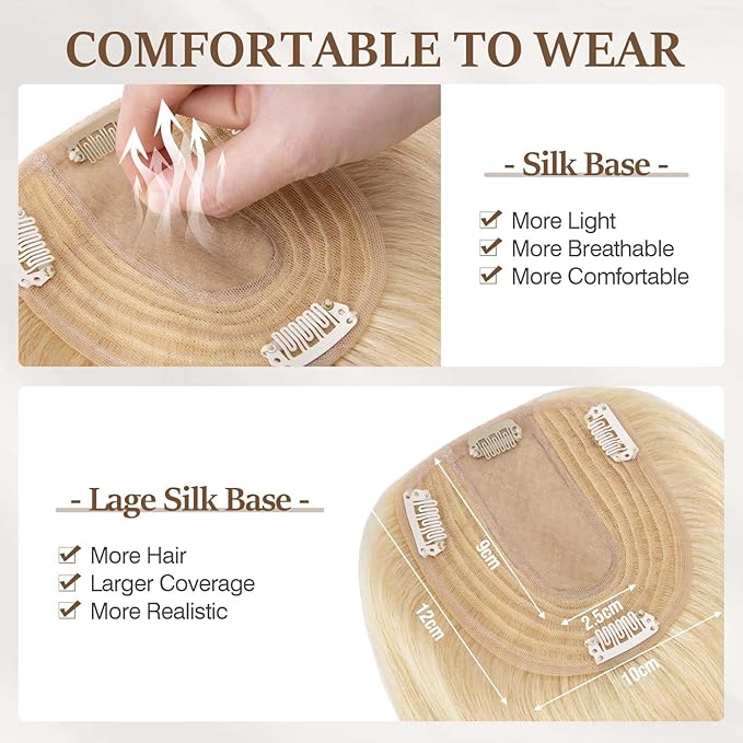 Rich Choices Hair Toppers for Women Real Human Hair 100% Human Remy Toppers NO Bangs for Women with Thinning on Top Clip in Hairpiece 4"x4.7"Lace Base 10 Inch #613 Bleach Blonde