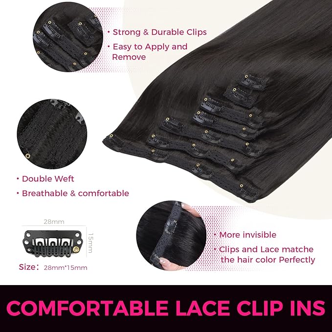 Lashey Clip in Hair Extensions 7pcs 120g Light Yaki Straight Hair Extensions Real Human Hair Natural Black 24 Inch Hair Extensions Real Human Hair Clip ins