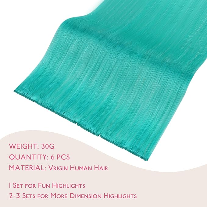 WENNALIFE Teal Green Clip in Hair Extensions Real Human Hair 35g 6pcs 20 Inch Colored Hair Extensions for Kids Women Colorful Hair Pieces Pop-up Style Straight Extensiones De Cabello Humano Con Clip