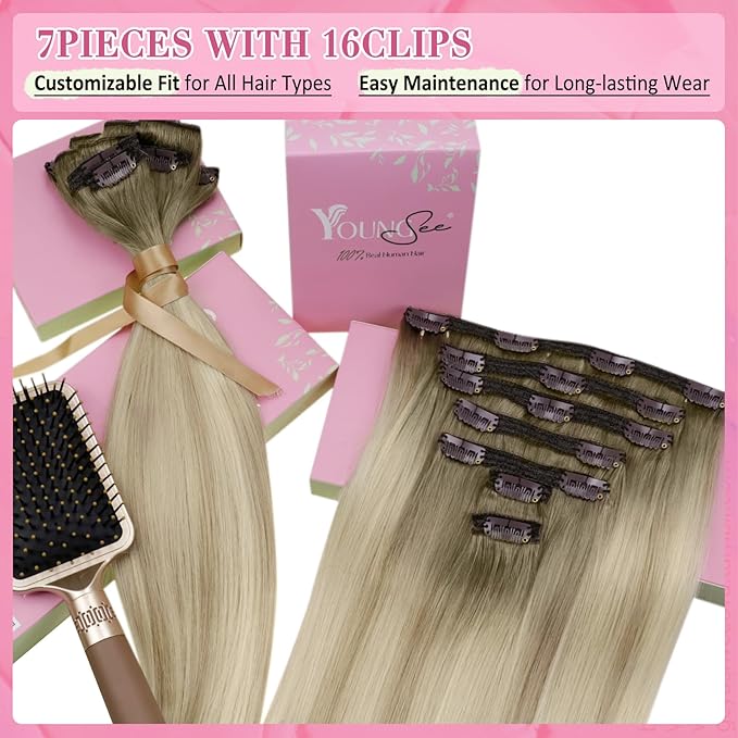 YoungSee 135G Blonde Clip in Hair Extensions Ombre Ash Blonde Mix Platinum Blond Human Hair Clip in Extensions Balayage Clip on Hair Extensions for Women 16Inch 7Pcs