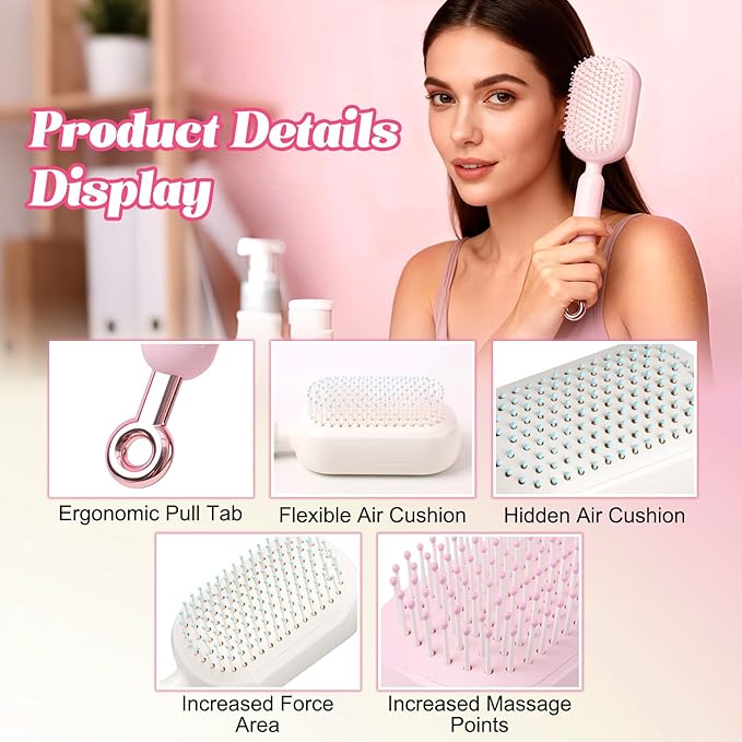 Self Cleaning Hair Brush, Retractable Hair Brush, Massage Comb With Retractable Bristles,Ergonomic Handle Hair Comb,One-pull Clean Anti Static Brushs, Hairs Styling Tools for All Hairs Types (Pink)
