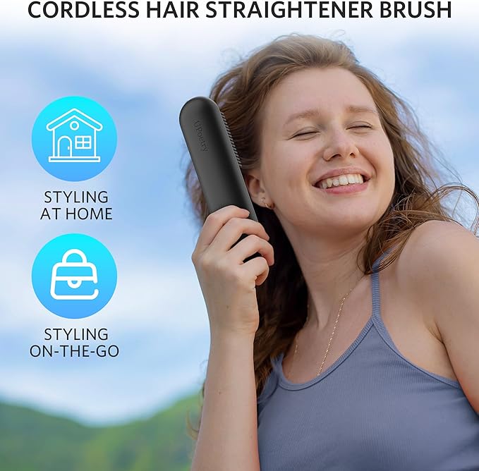 Cordless Hair Straightener Brush – Portable Ionic Hot Comb with 65W Fast Charger, Mini Travel Hair Straightening Brush for Women, Lightweight for Home Or On-The-Go Styling (Black)