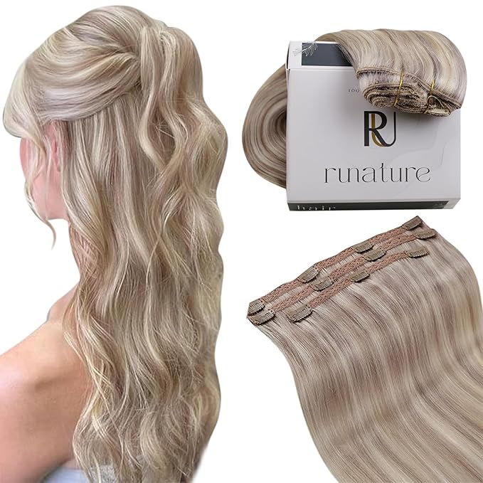 RUNATURE Real Human Hair Clip in Extensions, Short Clip in Hair Extensions, Clip on Hair Extensions for Women, Remy Natural Hair, Add Hair Volume, 10 Inch 50g 3pcs #19P60 Grey Blonde Highlights