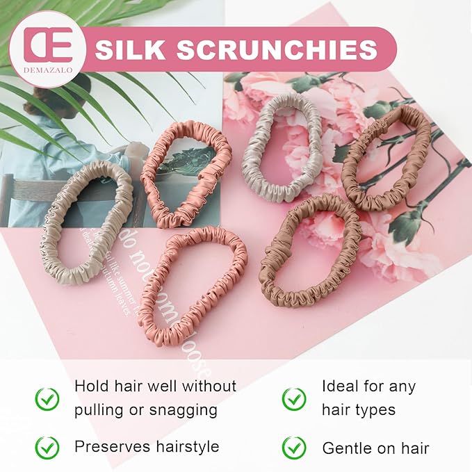 6Pcs Silk Hair Ties Small 22 Momme 100% Pure Mulberry Silk Scrunchies for Women Girls Thin Skinny Hair Sleep Scrunchies No Damage(Color 12)
