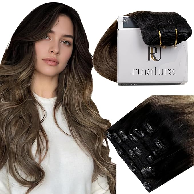 RUNATURE Real Human Hair Clip in Extensions 24 inch, Balayage Clip in Hair Extensions, Long Hair Extensions Clip Ins, Remy Natural Hair, Add Hair Length, 135g 7pcs #1B/6/27 Black Ombre to Blonde